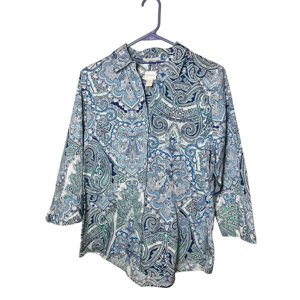 Chico's Size 1 No Iron Medium Paisley 3/4 Sleeve Blue & White Cotton Button Up